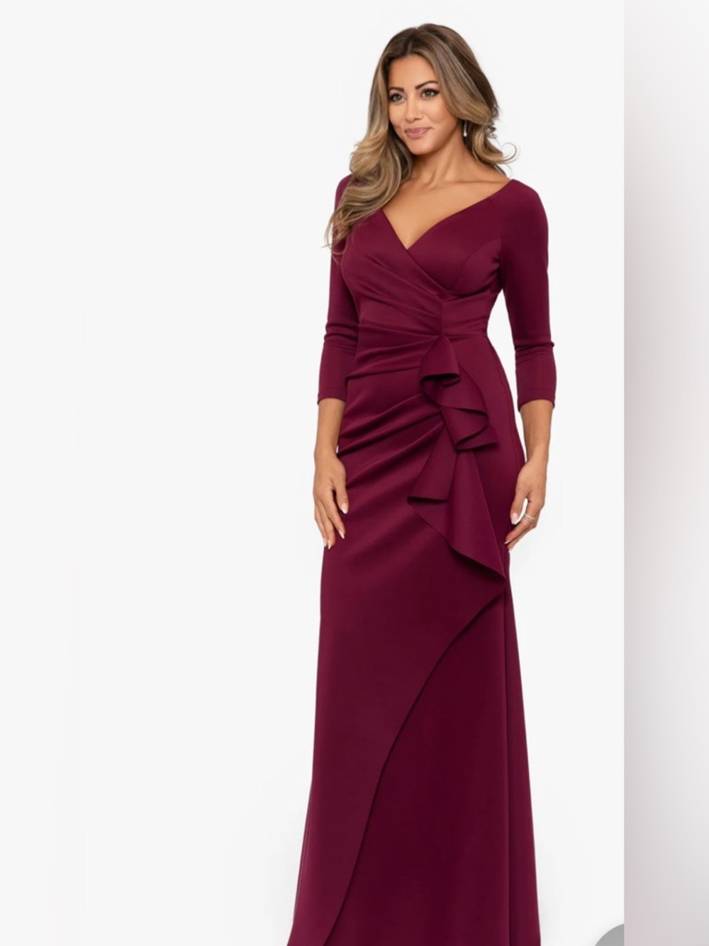 Xscape - Elegant Burgundy Ruffle Wrap Evening Dress